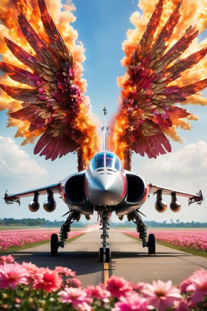 (Fighter with flaming angel wings:1.5),sleek jet fighter, enveloped by a field of beautiful flowers, stands as a striking juxtaposition of power and elegance. Amidst the vibrant petals, the metallic fuselage of the aircraft gleams,Mitsubishi T2,glitter,wings