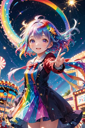 1girl, a playful anime character dissolving into sparkling, magical particles, transforming into vibrant, rainbow-colored paint, radiating with joy and excitement, illuminated by shimmering starlight, inspired by the Akihiko Yoshida, tilted frame, looking at the camera, Telescope lens, with a whimsical carnival as the background,colorful
