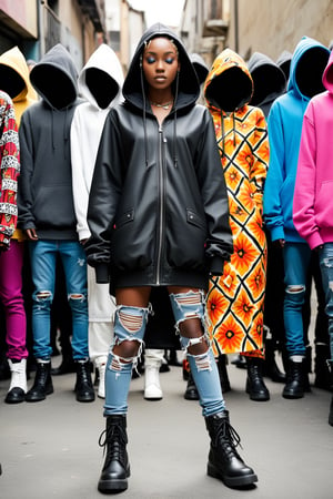 Visualize a black woman in African-inspired punk rock fashion, donning a hooded parka with the hood pulled low over her eyes. Her ensemble features vibrant African patterns and colors, reflecting her cultural heritage and rebellious spirit. Beneath the parka, she wears ripped jeans and combat boots, exuding edgy confidence. Despite her defiant fashion choices, she walks with pride and purpose, embracing her identity and effortlessly standing out in a crowd.,Hollow