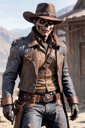 ultra-realistic,absurd resolution,8K,fallout,ghoul,solo,ghoul cowboy,sharp eyes,hardboiled atmosphere,((Bandolier:1.5)),((Ammunition belt:1.2)),brown cowboy hat,((Ragged sooty brown Western Coat)),
tattered coat,blurred background,abmhandsomeguy