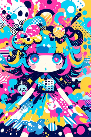 (children's doodle style),
Colorful pop art, candy pop, lollipop punk, brightly colored berry beans, emo pink lolita girl,big Eyes,A dress made of jelly and ice cream,
 maximalism designemo,dal-6 style,Color Splash