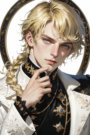 Extreme detailed,Realistic,solo,aesthetic art,
official art, extremely detailed, Extreme Realistic,  Nordic beautiful teen boy,beautifully detailed eyes, detailed fine nose,((long blonde hair)),
long braid hair, detailed fingers,muscle body, wearing extremely detailed luxury male Prince Albert coat, high quality, beautiful high Detailed white short hair,boy,emo,Perfect Hands