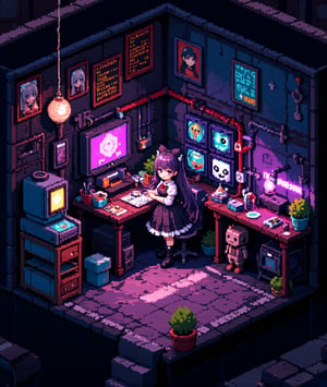 3D pixel art scene, isometric view. Anime-style characters and objects composed of colorful voxels. High contrast lighting with neon accents.

Focal point: Gothic Lolita girl working in a cyberpunk workshop.
- Girl: Black and white frilly dress, platform boots, twin-tails hairstyle
- Face: Large pixel eyes, rosy cheeks, small mouth
- Accessories: Pixel bow, chunky jewelry

Cyberpunk workshop details:
- Cluttered workbench with pixelated tools and gadgets
- Holographic screens displaying scrolling code
- 3D printer creating a glowing object
- Exposed neon tubes and cables on walls
- Floating robot assistant with pixelated emotes

Environmental elements:
- Steampunk-inspired gears and pipes in background
- Retro-futuristic computer terminals
- Voxel smoke or steam rising from machinery

Color palette: Deep purples, electric blues, neon pinks, and cyber greens against darker background

Lighting: Dramatic shadows and highlights emphasizing 3D nature of pixels
- Glow effects from screens and neon signs
- Reflection on metallic surfaces

Additional details:
- Pixelated posters of anime characters on walls
- Voxel cat familiar perched on a shelf
- Cubic plants in geometric planters

Animation suggestion (if applicable): Subtle pixel movements like blinking lights, rotating gears, or floating particles,Pixel Art