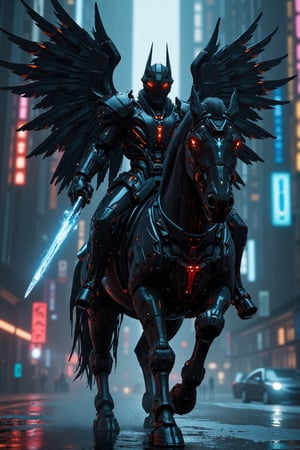 Cyberpunk-style knight on a cyborg horse, digital art. Sleek black cyber-suit with glowing neon blue accents. Imposing black helmet with tinted visor, displaying holographic HUD. Mechanical wings on the back, folded, made of black carbon fiber with exposed circuitry. The cyborg horse is a fusion of organic and mechanical parts, with visible hydraulics and armor plating. Neon lights trace the horse's muscular structure. The knight wields an energy lance, crackling with electricity. Urban night backdrop with towering skyscrapers and flying vehicles. Rain-slicked streets reflect neon signs. Atmosphere is gritty and high-tech. Hyperdetailed textures on the armor and horse's cybernetic parts. Color palette dominated by blacks, silvers, and electric blues. Dynamic pose, suggesting movement and power. Lighting emphasizes the contrast between shadow and neon glow.,Angelic Knight,F-GVA Armour Suit,FuturEvoLabNinja,demonic sword