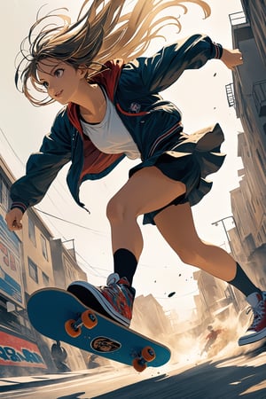 1Girl,(low angle shot:1.5),
The illustration depicts a spirited girl with a confident stance, her hair flowing behind her as she effortlessly maneuvers her skateboard. With determination in her eyes and a hint of a smile on her lips, she tackles the urban landscape with skill and grace. The low-angle perspective adds a sense of drama and dynamism to the scene,newhorrorfantasy_style,action shot