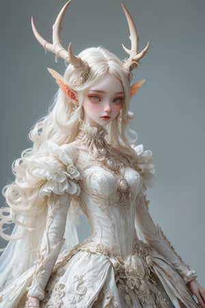 a ball-jointed doll albino demon girl,(Long deer horn: 1.2),
dressed in a cyberpunk-inspired Rococo dress. The doll features intricate joints, allowing for lifelike poses. Her dress merges the ornate elegance of Rococo with futuristic cyber elements. The fabric is a mix of rich silks and metallic materials, adorned with elaborate lace and digital patterns that glow subtly. The bodice is detailed with delicate ruffles and cybernetic embellishments, while the skirt flares out in layers, combining traditional Rococo volume with sleek, modern lines. Her hair is styled in a powdered wig, interwoven with fiber optic strands, ,PIXAR