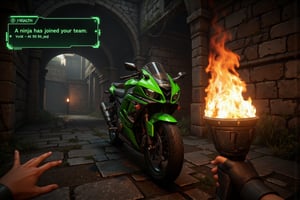 First-person POV of a surreal FPS game interface. Player's hands visible, holding a burning torch in right hand, casting flickering orange light. Left hand empty, partially visible at screen edge. Stone dungeon corridor ahead, arched ceiling. Cobwebs in corners. At the end of the corridor, unexpectedly, a brand new Kawasaki Ninja 250 motorcycle, its sleek green and black bodywork gleaming in the torchlight. The bike seems out of place in the medieval setting, creating a striking contrast. Ninja logo clearly visible on the fairing. Bike positioned as if ready to ride, handlebars turned slightly. UI elements: health bar, mini-map, and inventory slots along screen edges. Torch light creating dynamic shadows and reflections on the bike's surface. Hyper-realistic graphics with detailed textures on stone walls and motorcycle. Atmosphere is a bizarre mix of fantasy dungeon and modern sportbike. Depth of field effect blurring distant elements slightly,Translucent text box, text inside the text box: "A ninja has joined your team.",textbox