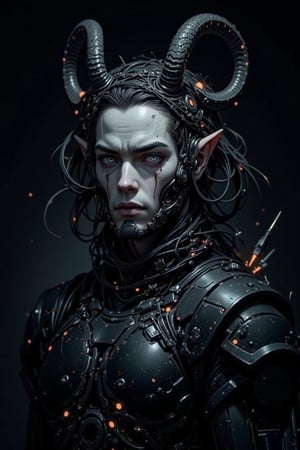 Bust-up portrait of Caucasian male cyborg,look at the viewer,
vampire,Predominantly black cybernetic body with visible mechanical parts, wires, and glowing tech elements. Pale, ashen face with vampiric features. Completely white eyes, no iris or pupils. Demonic goat-like horns protruding from forehead, curving backwards. Crown of barbed wire wrapped tightly around head, digging into skin. Long, sharp fangs visible. Neck area shows transition between synthetic skin and mechanical components. Harsh, dramatic lighting emphasizing contrast between pale face and dark body. Sinister, otherworldly expression. Hyperdetailed textures: cold metal, synthetic skin, rough horn surface. Background dark and atmospheric, suggesting gothic or sci-fi setting. Blend of vampire lore, cyberpunk aesthetics, and demonic imagery..,LinzExoboneRobot,FANGS