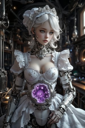 A striking female cyborg in Swiss folk attire, her abdomen a dazzling amethyst geode. Her porcelain-white body is adorned with a traditional Swiss dirndl dress, predominantly white with delicate embroidered edelweiss patterns in silver thread. The bodice is snugly fitted, accentuating the amethyst crystal cavity in her midsection.

The dress features puffed sleeves and a full skirt, slightly parted to reveal the cyborg's mechanical legs. A crisp white apron with intricate lacework overlays the skirt. Her head is adorned with a ornate white lace bonnet, framing her delicate facial features and piercing blue eyes.

The amethyst geode in her abdomen gleams with deep purples and violets, emitting a soft, ethereal glow. Mechanical joints and seams are visible at her neck, elbows, and knees, contrasting with the traditional attire.

Photorealistic render, high detail, dramatic lighting emphasizing the amethyst's sparkle and the dress's textures.,PorcelainDollPrincess,1girl,FantaVin Anime Art 