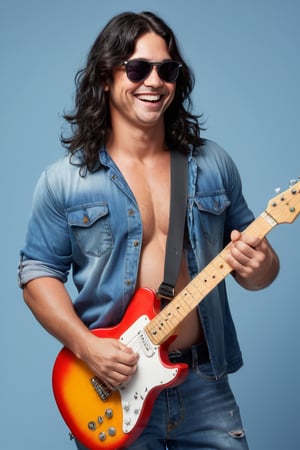  Australian male,(fat body:1.3),Long wavy black hair
,sunglasses,(freckles),(ugly face:1.2),A cheerful smile,
effortlessly styled,(holding electric guitar), reflecting his vibrant personality and style,His attire  casual, denim jeans and a T-shirt,