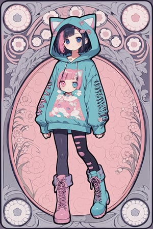 dal-3,,vtuber,1girl,
cute anime characters,Beautiful blue eyes,asymmetric bangs,candy punk Fashion,Hooded hoodie shaped like a cute kitten,cat ear hood,Pastel colored clothes based on blue and pink,Pastel Emo Fashion, Anime Print Shirt,Gothic Style tights, long military boots,,dal-6 style, art nouveau,EMO-Art Nouveau punk