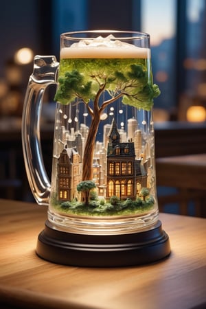 Imagine a lively metropolis within the beer stein – tiny skyscrapers made from delicate glass, intricate streets lined with minute trees, and even a microbrewery corner with its own nano-sized patrons. Every detail, from the miniature lampposts to the teeny-tiny park benches, contributes to the charm of this beer glass diorama. The cityscape comes to life, capturing the essence of a bustling urban environment in a whimsical and incredibly detailed fashion.
