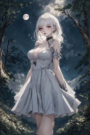 Fairy tale illustrations, otherworldly mythology, perfect sky, moon, shooting stars,
Pagan style graffiti art, general, forest background, one girl, albino demon girl, detailed facial features,sexy sideless dress,Masterpiece, Top Quality, Very Aesthetic, Super Detailed, Sideless Dress, Sidedress, Watercolor, 2bEimi