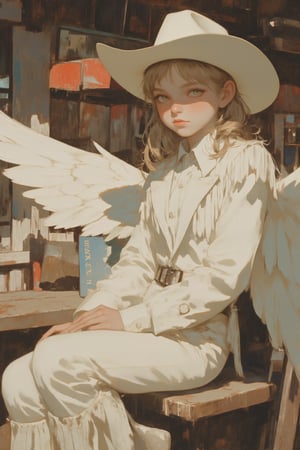  Western saloon,1 Girl,where a little girl dressed in a pure white cowboy costume sits on the counter. Her outfit includes a white cowboy hat, a tailored shirt, fringed jacket, and well-fitted trousers, all in pristine white. Polished boots and a classic belt with a silver buckle complete her look. Adding a touch of ethereal charm, she has pure white wings gracefully extending from her back,AngelStyle,wings,better photography,aesthetic portrait,dal-1,lyh,anime,mia,animaport