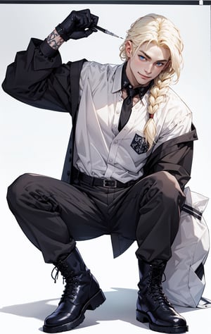 1boy,  blushing smile,
male focus, solo, pale tattooed attractive pretty man with soft beautiful long white blond hair, side braid, white blond hair in braid over chest, long hair, blond hair, blue eyes, pale skin, tattoos, tattooed, white ruffled poet shirt, black leather pants, open shirt, black riding boots, black gloves, white background, simple background, single braid, poet shirt, taut pants, frilled shirt, v-neck, pectoral_cleavage, full body, long sleeves, lace-up_top, cross-laced_top, frills, ,VikingAlpha