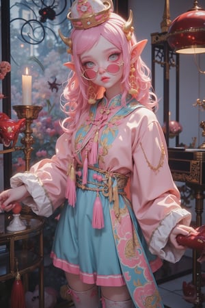 A cute and creepy cosplay of a Chinese Jiangshi (prancing vampire) with a kawaii twist. The character wears a traditional Chinese outfit in pastel colors, with a light blue skirt with pink trim and a pale pink top with ornate designs. The outfit is decorated with gold embroidery and tassels,
The character has long, curly pink hair and pointy elf-like ears. She wears a small hat with a pom-pom tilted to one side,
She wears round, oversized glasses that give her a nerdy, cute look,
Her facial expression is a mix of cuteness and emptiness, and her eyes are wide open behind the glasses,
The background is a modern room with gothic elements such as candles and spider webs, which contrasts with the character's cute appearance,
The lighting is soft and dreamy, complementing the pastel colors and eerie atmosphere,
An ultra-detailed 8K resolution cosplay photography style influenced by both kawaii culture and horror aesthetics,Jiang Shi,Cosplay