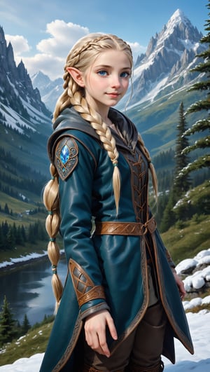 Extreme detailed,ultra Realistic,
beautiful young ELF lady shining blonde hair, long elvish braid, side braid, blue-grey eyes,elf ears,
Wearing leather tunic, hooded cloak, animal fur hood, intricate clothing, animal fur clothing, dark clothing, waistband, scarf, soft smile, bending posture, looking into the distance, 
snowy mountain scenery, overlooking valley, river, white clouds, seen from behind,ol1v1adunne