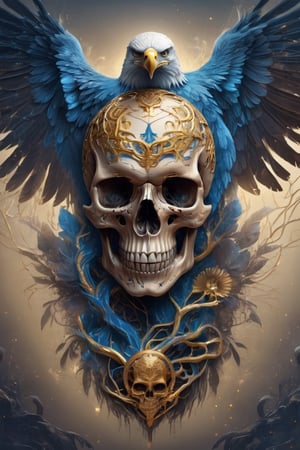 Delicately tattooed skull, beautiful Eagle crest, beautiful atmosphere with golden lines, completely transparent bones, golden blood vessels, blue luminous brain marrow.
