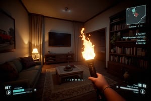 First-person view of a surreal game scene. A modern, cozy living room. The player's hand is visible holding a torch. There is a comfortable sofa with cushions, a large flat-screen TV hanging on the wall and a bookshelf. Warm indirect lighting from a table lamp. Subtle integration of UI elements, including health bars, inventory slots and minimap in the corners of the screen. Surrealistic graphics with detailed textures on the room decor. The atmosphere is a strange mix of indoor camping and video game interfaces. Background elements are slightly blurred due to the depth of field effect..textbox