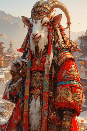 Majestic long-haired goat, adorned in opulent Tibetan wedding attire, Lustrous white coat cascading to the ground, meticulously groomed and adorned with intricate braids and golden threads woven throughout,

Headpiece: Elaborate gold and red crown featuring turquoise and coral inlays. Long silk ribbons in vibrant hues flow from the crown, intertwining with the goat's silky fur,
Facial features: Striking amber eyes, decorated with kohl-like patterns. Beard adorned with small golden bells and colorful beads,
Body attire: Rich red silk chuba (traditional Tibetan robe) embroidered with golden dragons and auspicious symbols. Wide sleeves trimmed with fur and adorned with intricate brocade patterns,
Accessories: Multiple strands of coral and turquoise necklaces drape the neck. Gold-plated hooves. Ceremonial scarf (khata) in white silk draped across the back,
Background: Misty Himalayan peaks, prayer flags fluttering in the breeze. Ornate temple architecture visible in the distance,
Lighting: Soft, golden sunlight highlighting the goat's regal bearing and the rich textures of the costume,
Overall impression: A surreal blend of animal grace and human cultural richness, embodying Tibetan wedding traditions in a whimsical, elegant manner.,furry