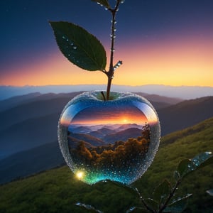 ((a delicate big apple) ), made of diamond hung on branch in a beautiful dawn, in the background beautiful valleys, (Dew drops) , divine iridescent glowing, opalescent textures, volumetric light, ethereal, sparkling, light inside body, bioluminescence, studio photo, highly detailed, sharp focus, photorealism, 8k, best quality, ultra detail:1. 5, hyper detail, hdr, hyper detail, ((universe of stars inside the apple) )