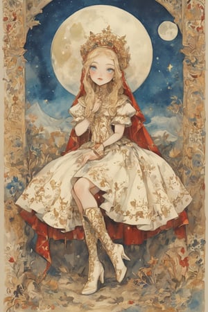 fairy tale illustrations,Simple minimum art, 
myths of another world,Perfect sky, moon and shooting stars,moon on face,
pagan style graffiti art, aesthetic, sepia, A woman of Scandinavian descent, long beautiful blonde hair, blue eyes, perfect beauty, wearing a beautiful traditional Tajik bridal costume.The luxurious dress is intricately embroidered in gold and red and is very colorful.
watercolor \(medium\),jewel pet,acidzlime,emo,ruanyi0315,white leotard,high heel boots,papal hat,XUER poster art