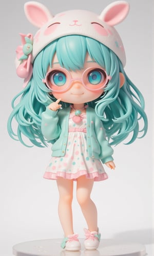 Cute anime-style chibi figurine of a girl with long, flowing turquoise hair. Large expressive blue eyes behind pink round glasses. Wearing a white polka-dot dress with pink and blue dots, pink trim, and a teal underskirt. Teal cardigan sweater. White and pink animal-shaped sleep mask on her head with closed eyes, small bone decoration, and blue bow. Pink bow in her hair. Pink cherry-shaped pendant necklace. White bunny-shaped slippers. Posing with one hand raised near her face. Cheerful expression. Highly detailed plastic figurine on a clear stand. Soft, pastel color palette. Professional product photography lighting and setup.,lyh,dal,create figure 2