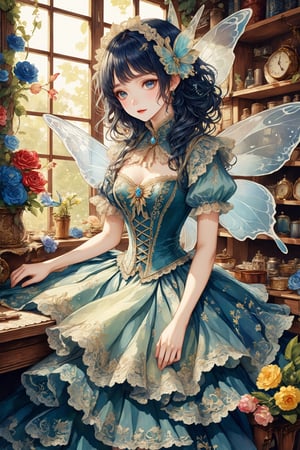 ultra Realistic,Extreme detailed,
beautiful fairy,In a quaint workshop adorned with enchanting flora, a skilled fairy tailor meticulously crafts fantastical garments,H effect,Wonder of Beauty,emo,extremely detailed,watercolor \(medium\),Victorian 