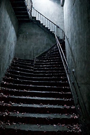 Blurry photo, accidental photofound footage, creepy footage, darkness, stairs, metal stairs, dark spiral staircase, pov,Infrared_photography