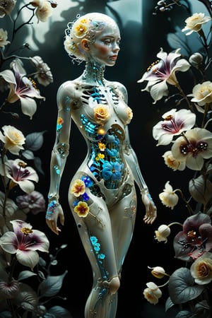 full Body,
1girl,solo,Transparent glass  albino female cyborg,
((fractal pattern Flowers)), Skeleton and organs made of vibrant flowers. Mechanical joints visible. Heart of roses, lungs of hydrangeas, brain of orchids. Flowers spilling from slight cracks. Soft backlighting emphasizing transparency. Elegant pose. Simple futuristic background. Photorealistic style with high detail on glass and floral elements.",Clear Glass Skin,tranzp