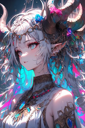 ultra Realistict, demon girl, (Long deer horn: 1.2) ,A shaman with deer antlers, many ornaments hanging from the antlers.,crazy alternate hairstyle, amazingly intricately (dreadlocks) hair,colorful color hair, each braid painstakingly created,decorated with delicate accessories and beads,aesthetic,Beautiful Blue eyes, ,Rainbow haired girl ,bj_Devil_angel,dal-1