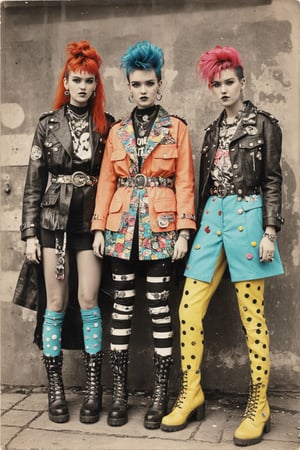 monochrome photo, vibrant and unconventional punk rock fashion, ensembles inspired by kitsch and maximalism, bold prints, clashing colors, oversized jackets decorated with whimsical patches, bright colors Unique accessories such as leggings, thick belts and decorative boots, spike studs,cinematic style