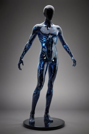 ((Transparent faceless glass mannequin)), human form with smooth, featureless surface. Entire glass body filled with swirling, electric blue plasma, lightning bolts crackling within. Ethereal glow emanating from figure, illuminating surroundings. Standing in dark, minimalist space. Intricate light refractions and reflections on glass surface. Hyper-realistic rendering of glass and electrical phenomena. Seamless blend of solid form and fluid energy. Surreal, sci-fi aesthetic. Dramatic lighting highlighting internal plasma storm