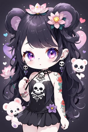 Pastel Candy Art,cute Little Teddy bear girl,Emphasize the unique synthesis of styles, ,Gothic earrings,goth tatoos,
heart \(symbol\), Skull\(symbol\), 
,colorful,chibi emote style,artint,sticker,furry,furry girl,lotus tattoo