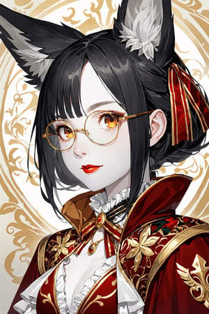 1girl, pale skin, fox-eared, long black sauvage hair, and a cold orange eyes,luxury gold glasses with glass cord,red lipstick, A frilly ribbon is wrapped around her narrow neck. The girl is wearing a velvet and brocade heraldic surcoat worn by male aristocrats.,Tekeli,black hair,portrait,monocle,ani_booster