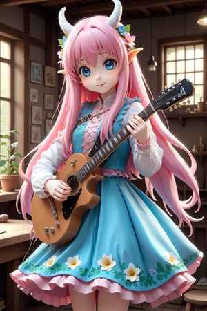 cute anime girl,
kawaii beautiful Dragon fairy girl,pink long hair,cute Blue Eyes,
playing guitar, gibson-lespaul,
In a quaint workshop, adorned with enchanting flora, a skilled fairy tailor meticulously crafts fantastical garments,ani_booster,DonMF41ryW1ng5XL,Beautiful Eyes,gotohdef
