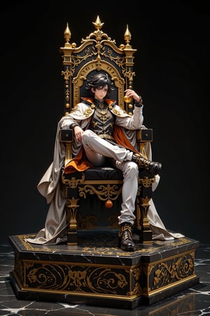 3D, Figure, Highly detailed anime figure, A young male character sits on a giant throne with glittering golden runes. Elegant white and black outfit with golden trim fits snugly to his body. Flowing cape, orange on the inside, dark messy hair, sharp features wearing a small crown. Attractive golden accessories, character lounging casually, holding a golden apple in one hand, figure on a square gold and black pedestal. Ultra-realistic texture, glossy finish. Crisp contrast of black, white and gold elements. Dramatic lighting enhances the 3D effect. Marble-like background. Professional product photography style, slightly angled view. Ultra-high resolution, cinematic color grading highlighting the gold and black colors. The scale figure is approximately 1/7 and highlights the exquisite craftsmanship.