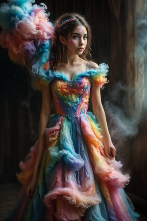 1girl,beautiful Nordic elf,(elf ear), a dress made of seven-colored cotton candy. The gown features layers of fluffy, vibrant hues, blending seamlessly from one color to the next: pink, blue, green, yellow, purple, orange, and red. The bodice is form-fitting, adorned with delicate sugar crystals that sparkle in the light. The skirt is voluminous and airy, resembling clouds of cotton candy, creating a whimsical and enchanting look ,Color Splash,colorful,Nina Aslato