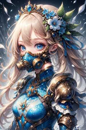 ultra Realistic, Extreme detailed, 1 girl 12years old, transparent respirator on facethe crown, 
can't believe it's out of this world Beautiful blue eyes,soft expression,Depth and Dimension in the Pupils,
wearing a transparent bodysuit,made entirely of beaded floral embellishments,
the skin color is closer to white,gas mask,
Christmas Fantasy World