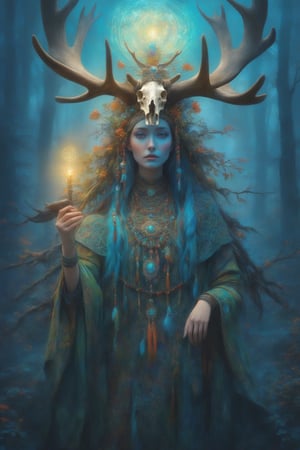 A shaman girl with a large moose skull on her head,The strange decoration of dead branches, the mysterious and brightly colored Celtic shaman costume, and the girl is surrounded by a mysterious aura.,extremely detailed