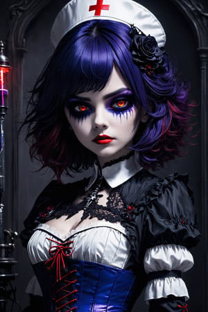  female nurse, a gothic-emo theme, she is characterized by her unique fashion sense,((white nurse uniform)),white nurse cap, deep purple and crimson accents,((syringe in her hand:1.5)), a lace-up corset at her side, and silver accessories with gothic motifs such as crosses.
Her hair is asymmetrically layered and dyed in shades of dark purple and jet black with bright streaks of electric blue and blood red, dark eyeliner and dramatic eye makeup,dal