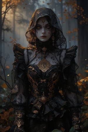 mystical portrait of a dark oracle priestess in an autumnal forest setting. She wears an elaborate black sheer veil and dress decorated with intricate gold embroidery patterns and celestial motifs. The fabric features delicate metallic thread work creating mysterious symbols and constellations. Her face shows dramatic gothic makeup with dark eyes and occult symbols painted around them. A large antique brass medallion pendant with mystical engravings hangs from her neck. The black gossamer fabric of her dress and veil flows ethereally, adorned with tiny crystals that catch the dim forest light. The background shows a misty autumn forest with golden leaves and dark tree trunks. She wears multiple layers of ornate jewelry with mystical symbolism, including moon phases and archaic runes. Face paint and temporary tattoos suggest ritual markings. The lighting is moody and atmospheric, with occasional gleams highlighting the golden embroidery against the black fabric. Fantasy photography style, perfect focus on intricate costume details, dark romantic atmosphere, mystical elements, professional lighting emphasizing the mysterious mood,Hyperrealism &Surrealism,Gothic