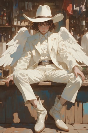  Western saloon,1 Girl,where a little girl dressed in a pure white cowboy costume sits on the counter. Her outfit includes a white cowboy hat, a tailored shirt, fringed jacket, and well-fitted trousers, all in pristine white. Polished boots and a classic belt with a silver buckle complete her look. Adding a touch of ethereal charm, she has pure white wings gracefully extending from her back,AngelStyle,wings,better photography,aesthetic portrait,dal-1,lyh,anime,mia,animaport