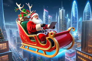 Santa Claus flying through a futuristic cityscape where airborne cars zip around,Picture Santa in a technologically advanced sleigh, perhaps anti-gravity propelled, soaring amid skyscrapers adorned with holographic displays. Santa should be surrounded by a swirl of high-tech presents, navigating the futuristic city to deliver gifts. Incorporate a blend of advanced architecture, neon lights, and a sense of bustling innovation to capture the essence of a future city during the holiday season,reindeer_sleigh