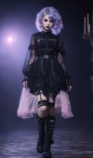 photorealistic concept art, 1girl,nordic Young girl,
Fairy Grunge Fashion Girl,Grunge-Lolita  Fashion, A pixie-cut hair, 
torn girly pastel lace blouse,combat boots,The ethereal glow, metallic accessories, and moody atmosphere create a mystical aura,
Damaged Gothic Lolita long Skirt,lace Skirt,runge elements, her look exudes dark glamour,natural volumetric cinematic perfect light,pastelbg,pastel goth