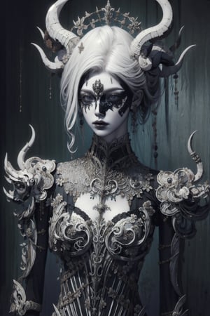 1girl,.albino demon little queen, (long intricate horns), a sister clad in gothic punk attire, face concealed behind a striking masquerade mask,themed,white_aesthetics,photorealistic,Masterpiece,Realistic,dark fantasy,z1l4