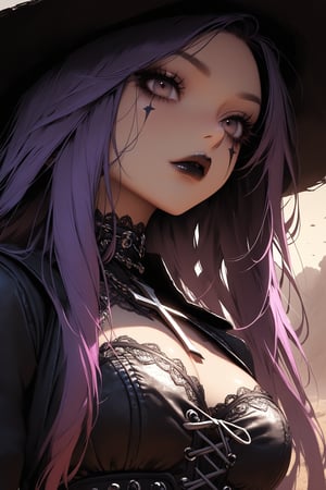 1Girl,Gothic cowgirl portrait, fierce determination in her gaze. Long, flowing purple hair framing face. Dark, smoky eye makeup accentuating intense eyes. Full, pouty lips with dark lipstick. Ample cleavage visible. Black leather cowboy hat with silver studs. Intricate lace-up corset top,black long combat boots
,Ornate silver cross necklace,Dramatic lighting emphasizing facial features. Gritty desert background. Blend of Western and Gothic aesthetics. Hyper-realistic skin textures and fabric details