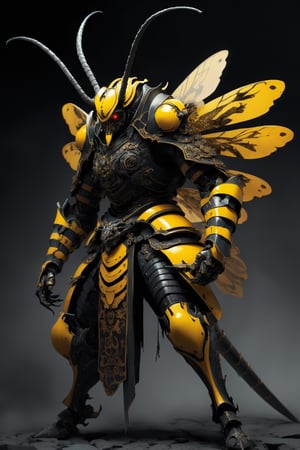 A samurai armored in a suit reminiscent of a giant hornet, with sleek, angular plates crafted to resemble the insect's exoskeleton. The helmet features menacing hornet-like antennae, and the mask is adorned with intricate designs resembling the insect's eyes. The armor's color scheme mimics the vivid yellow and black stripes of a hornet, instilling fear in adversaries on the battlefield.,warrior