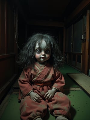 Found footage style POV shot of a creepy Ichimatsu doll in abandoned Japanese room. Shaky handheld camera movement with low-quality VHS artifacts and tracking errors. Dim flashlight beam reveals dusty traditional doll sitting in corner of dark tatami room. Doll's pale porcelain face partially obscured by messy black hair, wearing faded red kimono covered in years of dust. Weak light creates unsettling shadows across blank expression. Cobwebs connect doll to surrounding space. Camera perspective suggests someone discovering doll, light trembling as it moves closer. Low resolution video quality with film grain and slight static. Night vision green tint when light dims. Dark corners of room remain mysterious. Dust particles visible in flashlight beam. Occasional auto-focus hunting effect. Small movements of doll's head implied between cuts. Video timestamp bottom right reads "07/27/1998 03:27AM". Audio includes heavy breathing and unclear whispers.,bodyCam,Body cam,horror