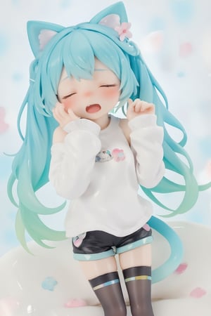 1girl,PVC,Hatsune Mi resin figure, posing cutely with a big yawn. Hatsune Miku has cat-like ears and blue-green twin tails, and wears a white long-sleeved shirt with a small Miku logo on the chest. Miku was also wearing black shorts with soft pastel stripes and thigh-high socks, with only one eye open and her mouth open.
 He looks sleepy. The background has a soft and minimalist feel, giving it a lovely look and a cozy feel. Masu. Emphasizes a relaxed atmosphere. , lyh, ATRFX, resin